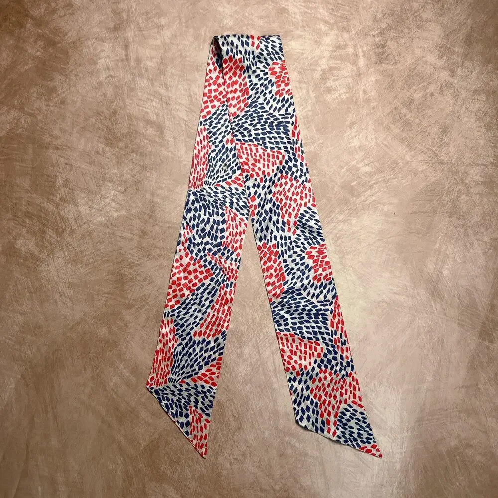 Vintage 70s Geometric Ascot Scarf Red Blue Tie Satin Retro CostumeDisco Hippie